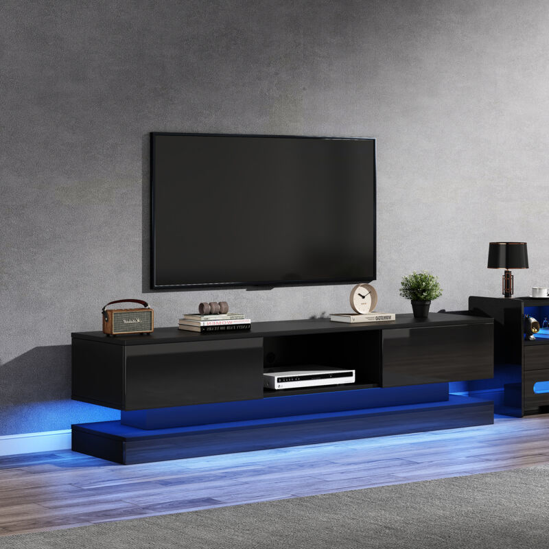 Redom - Meuble tv noir brillant 160 x 35 x 40,5 cm avec éclairage led, 2 tiroirs, contrôle des applications, conception anti-inclinaison, adapté aux