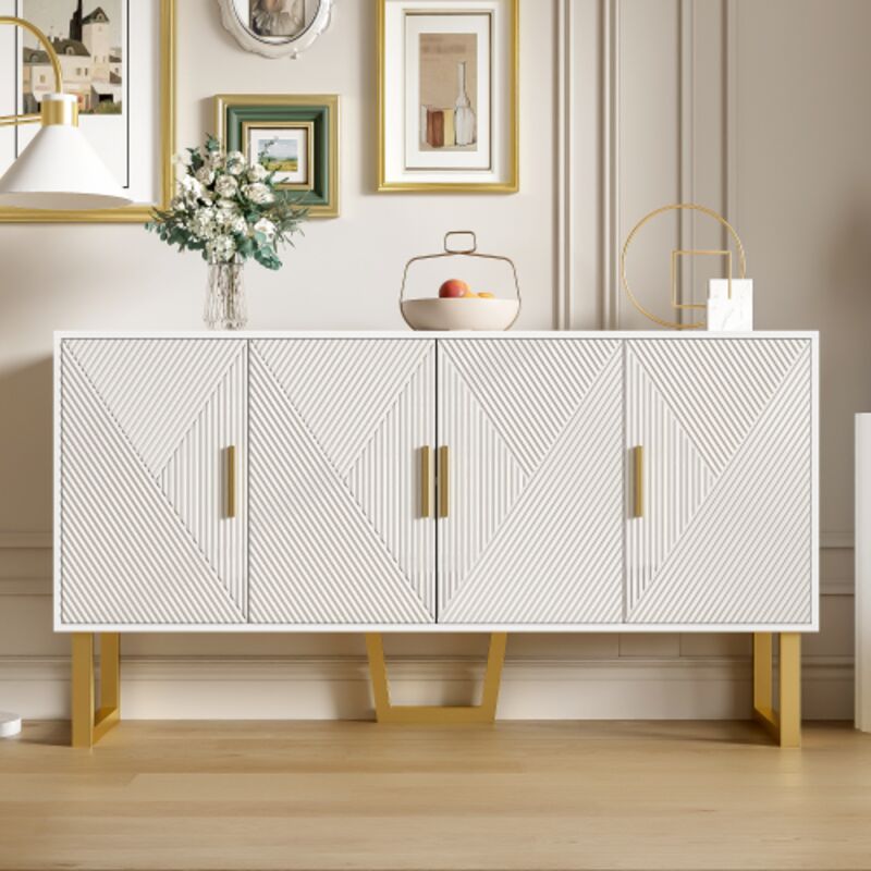 Buffet blanc de luxe moderne de 150 cm avec portes texturées brillantes et poignées dorées, design à 4 portes, étagères réglables en hauteur