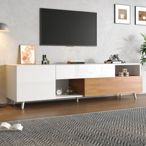 Meuble TV blanc brillant avec porte inférieure et 1 tiroir, 180x38x50 cm