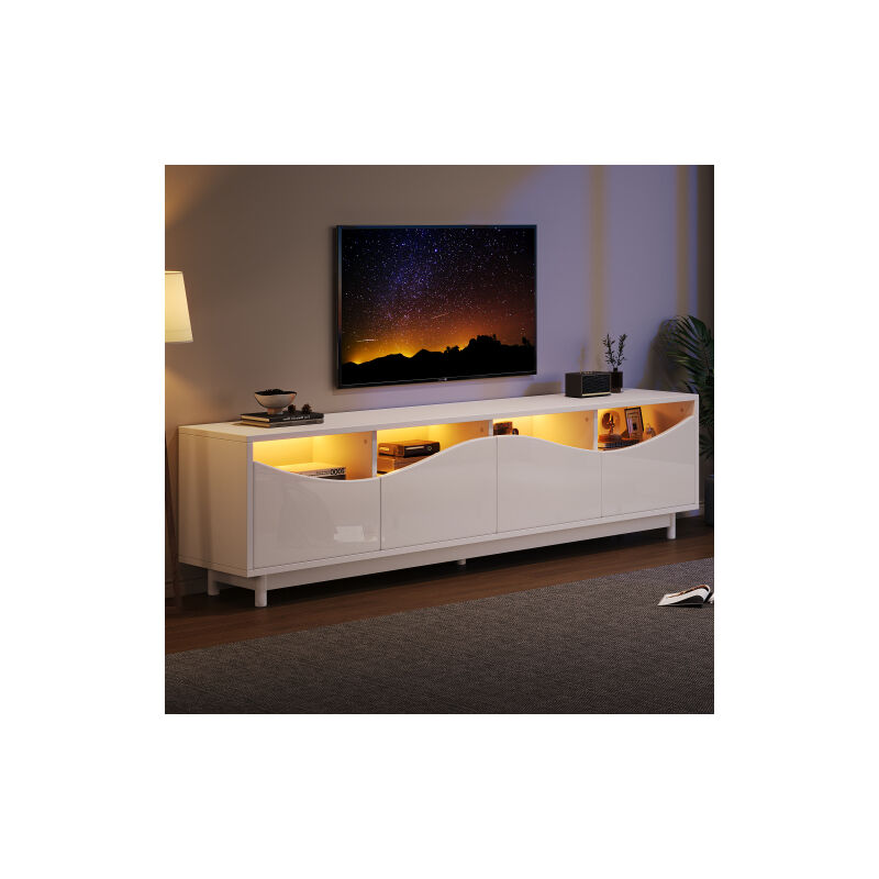 Meuble tv blanc brillant avec portes incurvées en verre trempé, éclairage led, pour chambre à coucher, salon, 175x38x51 cm