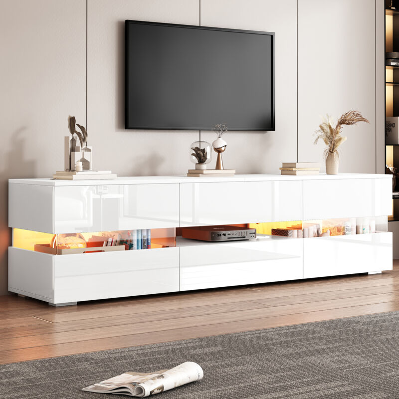Neche - Meuble tv Blanc Brillant Moderne avec LED,Banc Télé 2 Portes+1 Tiroir,Compartiment ouvert,160L x 39l x 45H cm