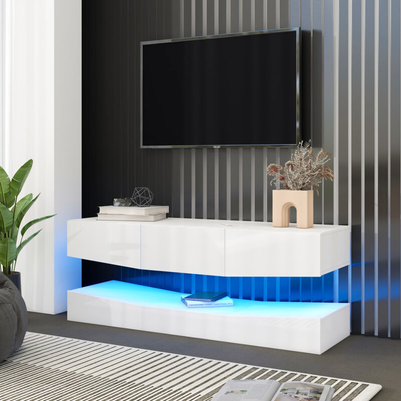 Ohjijinn - Meuble tv Blanc Brillant Suspendu Meuble tv avec Éclairage led Meuble tv Suspendu Mural Flottant Meuble tv Divertissement Média Console