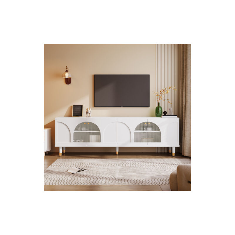 Meuble TV blanc élégant avec porte en verre ondulé incurvé, 4 portes, 173 x 38 x 59 cm, design moderne