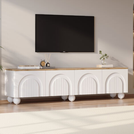 NECHE Meuble TV Blanc et bois 180x40x45 cm avec 4 portes cintrées,6 pieds en métal à boule,buffet bas et table TV Moderne
