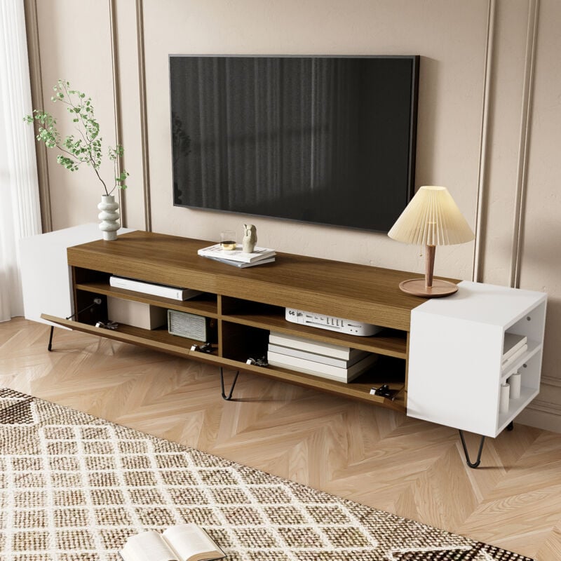 Wishdor - Meuble tv blanc et bois, meuble tv 180 cm avec rangements