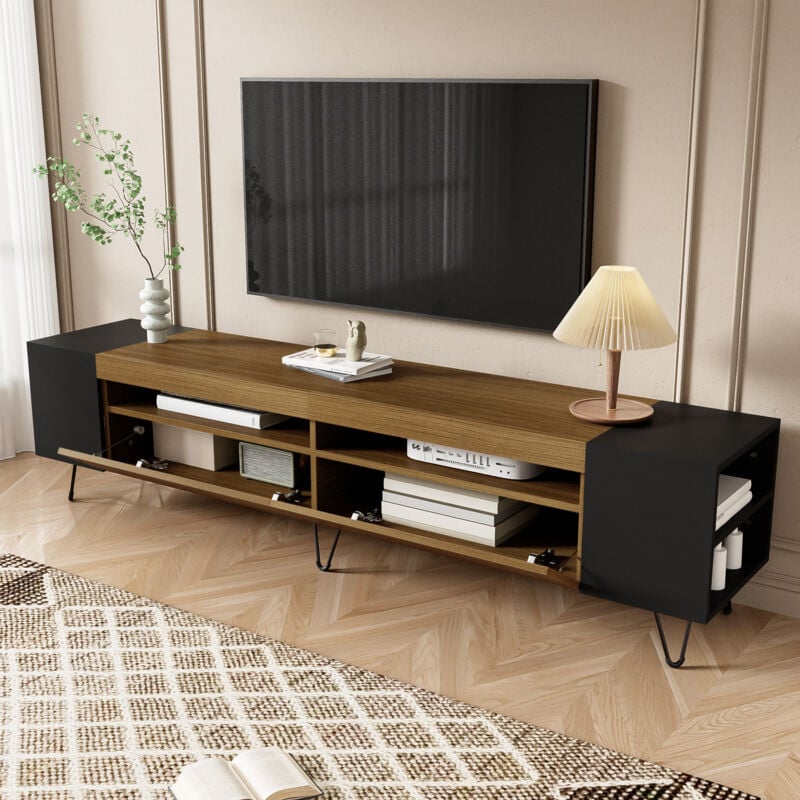 Wishdor - Meuble tv noir et bois, meuble tv 180 cm avec rangements