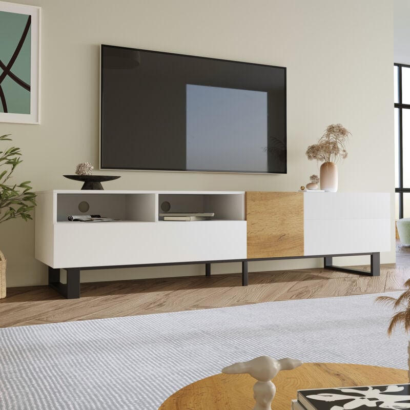 Meuble tv blanc et bois, meuble tv bas pour salon, chambre, 180 x 50 x 38 cm