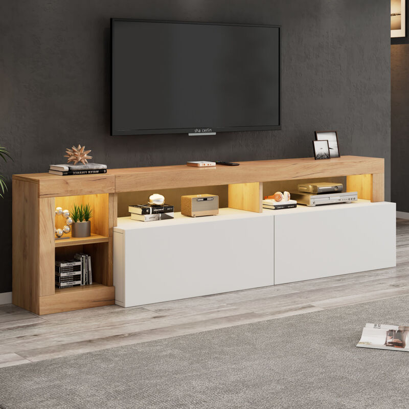 Meuble tv blanc et bois, meuble tv led avec espace de rangement ouvert, pour chambre, salon