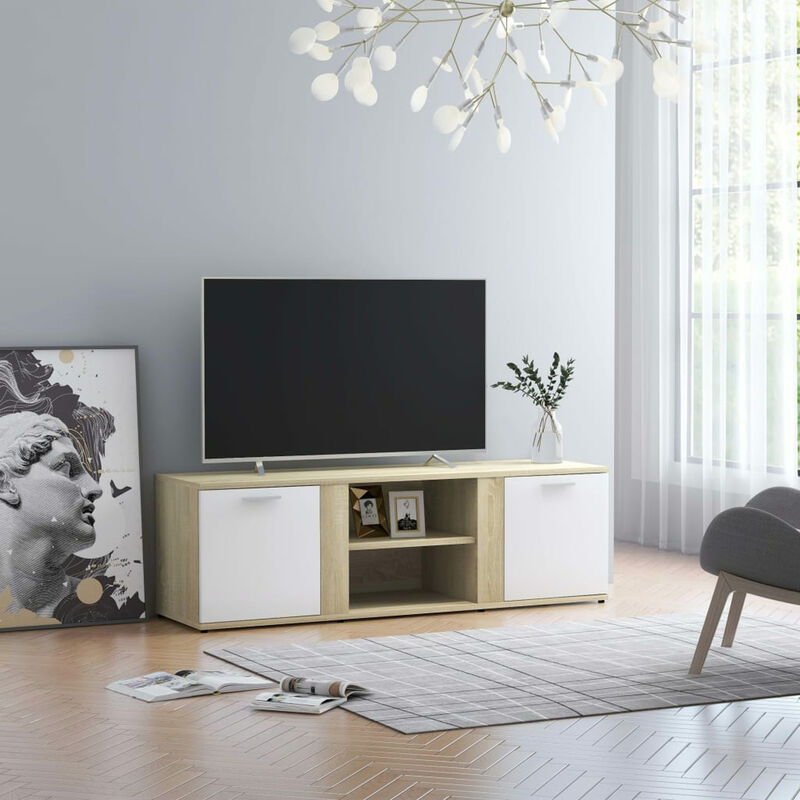 Meuble TV Blanc et chene sonoma 120x34x37 cm Agglomere