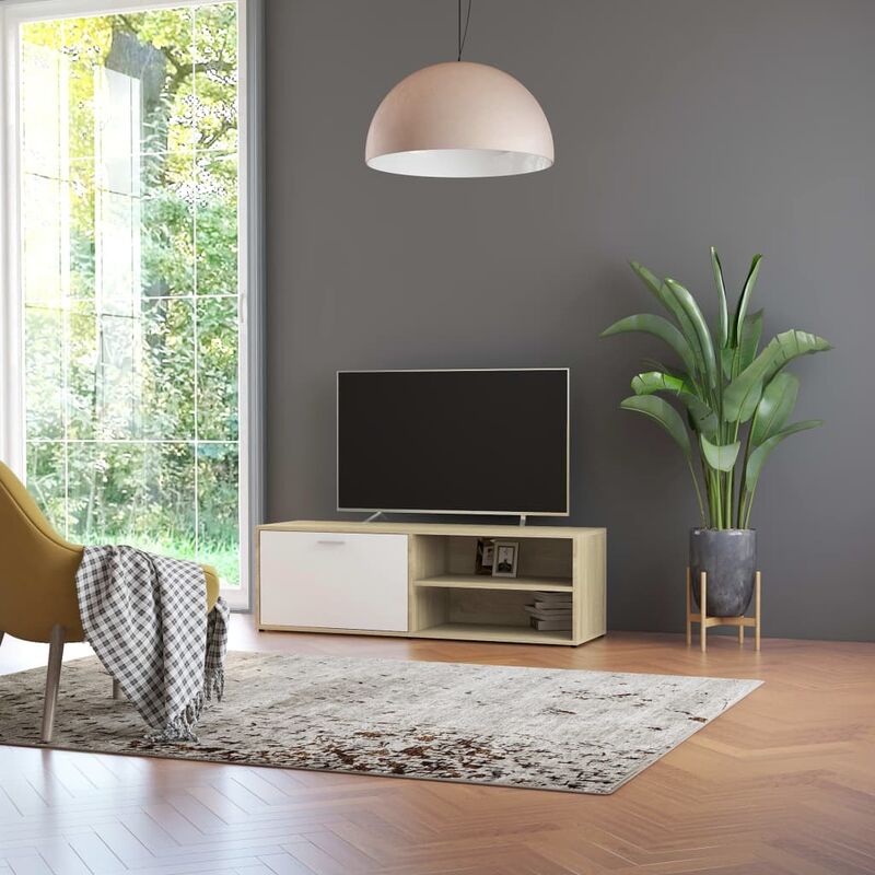 Meuble TV Blanc et chêne sonoma 120x34x37 cm Aggloméré - Beige