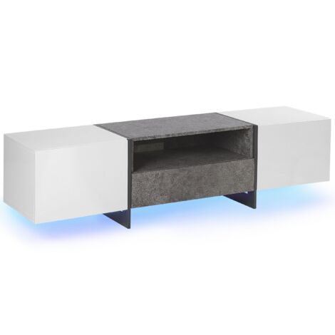 Meuble TV Blanc et Gris Effet Béton avec 2 Compartiments de Stockage et Éclairage LED Intégré pour Salon au Style Moderne Beliani