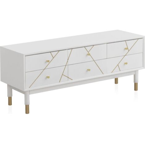 Meuble tv blanc laqué design doré 6 tiroirs élégant - blanc mat décor doré