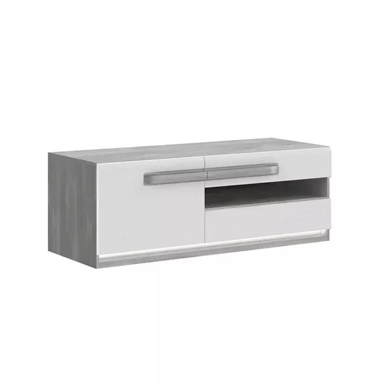 Meuble tv 140 cm 1 porte 2 tiroirs blanc et décor bois gris - alexiane