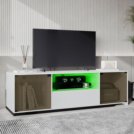 Meuble TV contemporain chêne et blanc laqué avec LED - VERONICA
