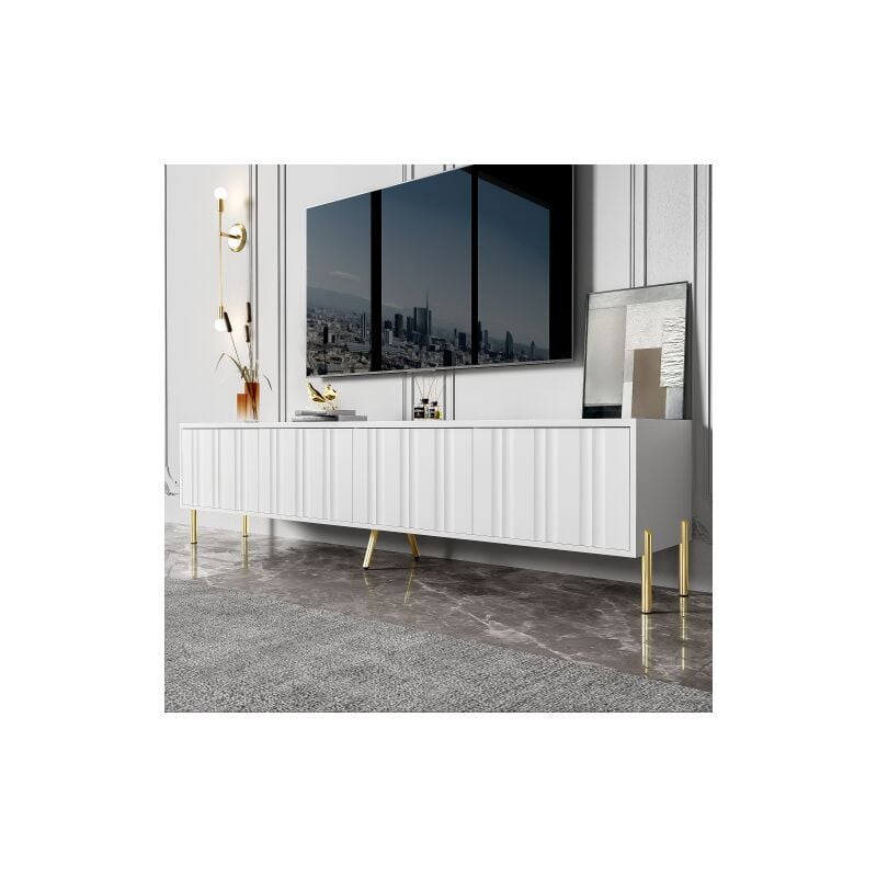 Meuble TV blanc, longueur 190 cm x largeur 38 cm x hauteur 48 cm, pieds de table dorés, design de porte cannelée