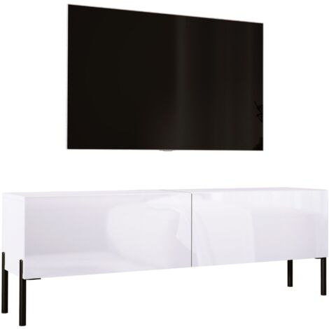 Meuble TV : Blanc Mat / Blanc Brillant Avec pieds noires, 140 × 52 × 32 cm
