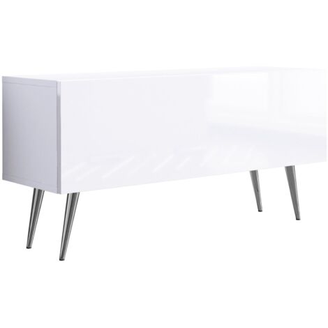 Meuble TV, Blanc Mat / Blanc Brillant, pieds Chrome, 100 × 52 × 32 cm