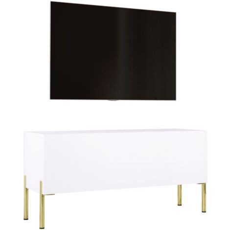 Meuble TV Blanc Mat / Blanc Brillant, pieds dorées, 100 × 52 × 32 cm