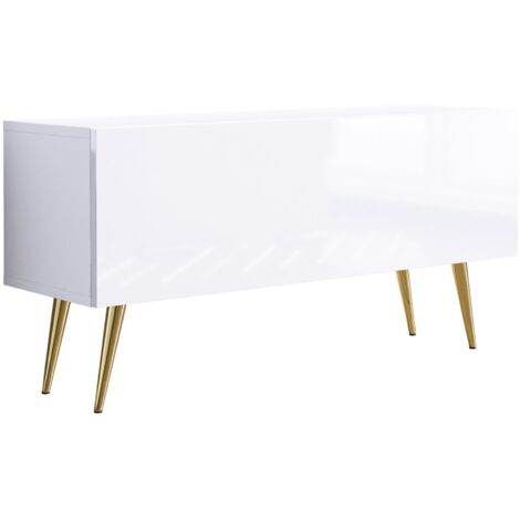 Meuble TV, Blanc Mat / Blanc Brillant, pieds dorées, 100 × 52 × 32 cm