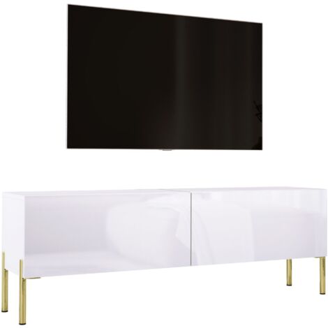Meuble TV : Blanc Mat / Blanc Brillant, pieds dorées, 140 × 52 × 32 cm