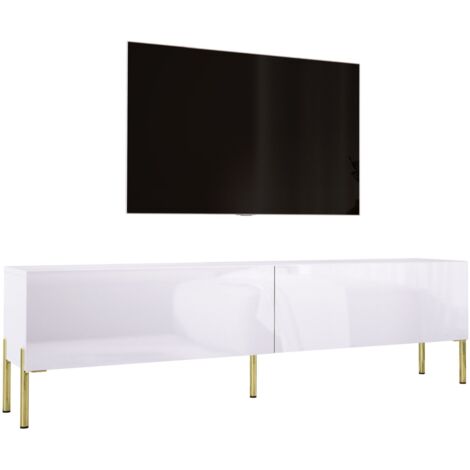Meuble TV : Blanc Mat / Blanc Brillant, pieds dorées, 170 × 52 × 32 cm