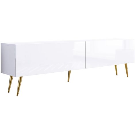 Meuble TV : Blanc Mat / Blanc Brillant, pieds dorées, 170 × 52 × 32 cm