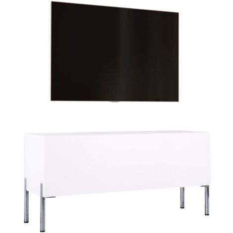 Meuble TV, Blanc Mat, pieds Chrome, 100 × 52 × 32 Cm