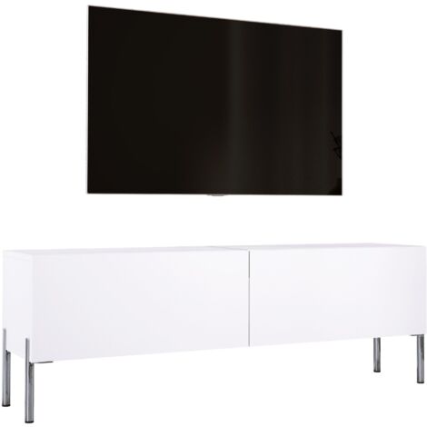 Meuble TV : Blanc Mat, pieds Chrome, 140 × 52 × 32 cm