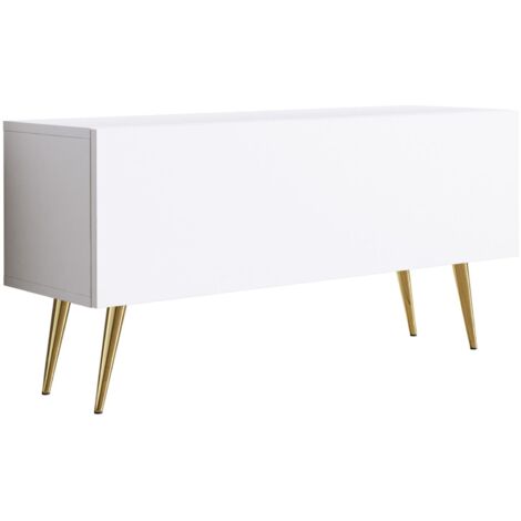 Meuble TV, Blanc Mat, pieds dorées, 100 × 52 × 32 cm