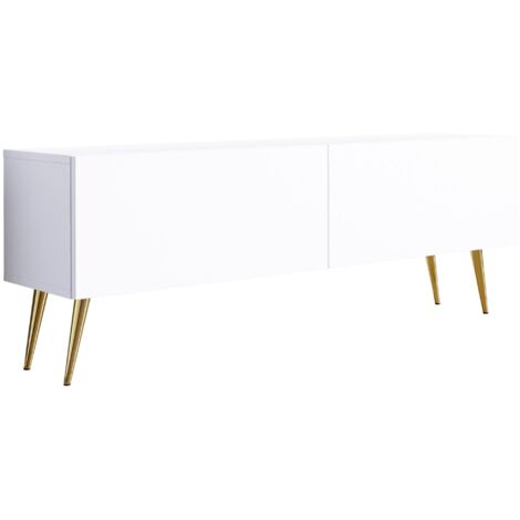 Meuble TV : Blanc Mat, pieds dorées, 140 × 52 × 32 cm