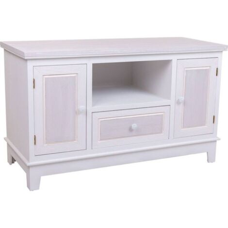 Meuble tv blanc mdf style contemporain avec tiroir et niches - blanc effet bois patiné