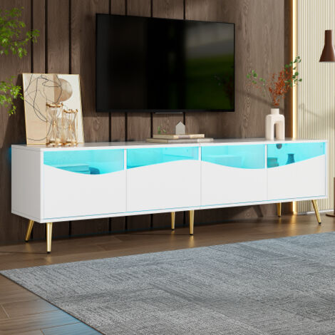 Meuble TV blanc - meuble tv 180 cm avec LED, pieds en métal doré et façade en verre - 180x40x50 cm
