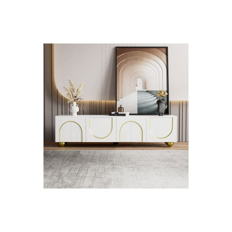 Meuble tv blanc et or, meuble tv bas avec portes structurées, pieds ronds dorés, pour salon, chambre