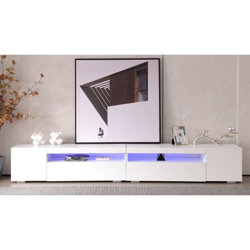 Eifson - Meuble tv blanc moderne 240 cm, avec 2 abattants et 2 compartiments, avec éclairage led orientable, en mdf, adapté pour salon, salle à