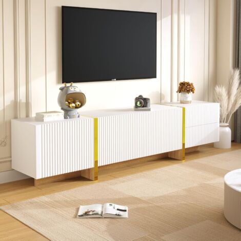 Meuble TV Blanc + Or + Masse en Bois - Meuble TV avec 3 Portes et 2 Tiroirs pour Salon - 190 x 35 x 45 cm