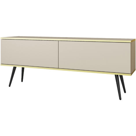 Meuble TV, Blanc, pieds Noir, 135 × 30 × 52 cm, Push to Open