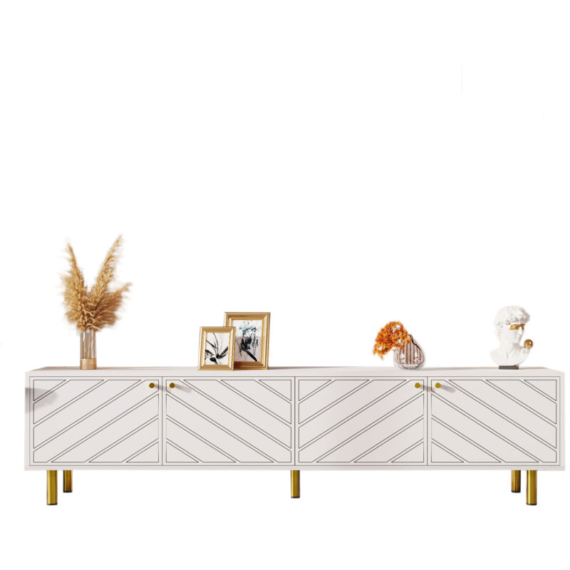 Meuble tv blanc, poignées et pieds en métal doré, meuble tv à quatre portes, adapté à différents styles d'intérieur