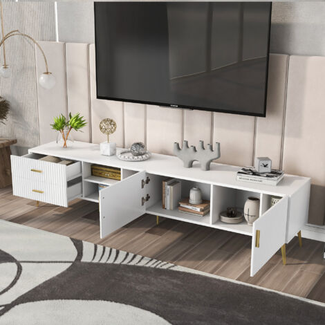 Meuble TV blanc, support TV, buffet bas avec étagères, portes et tiroirs, 180x35x44 cm