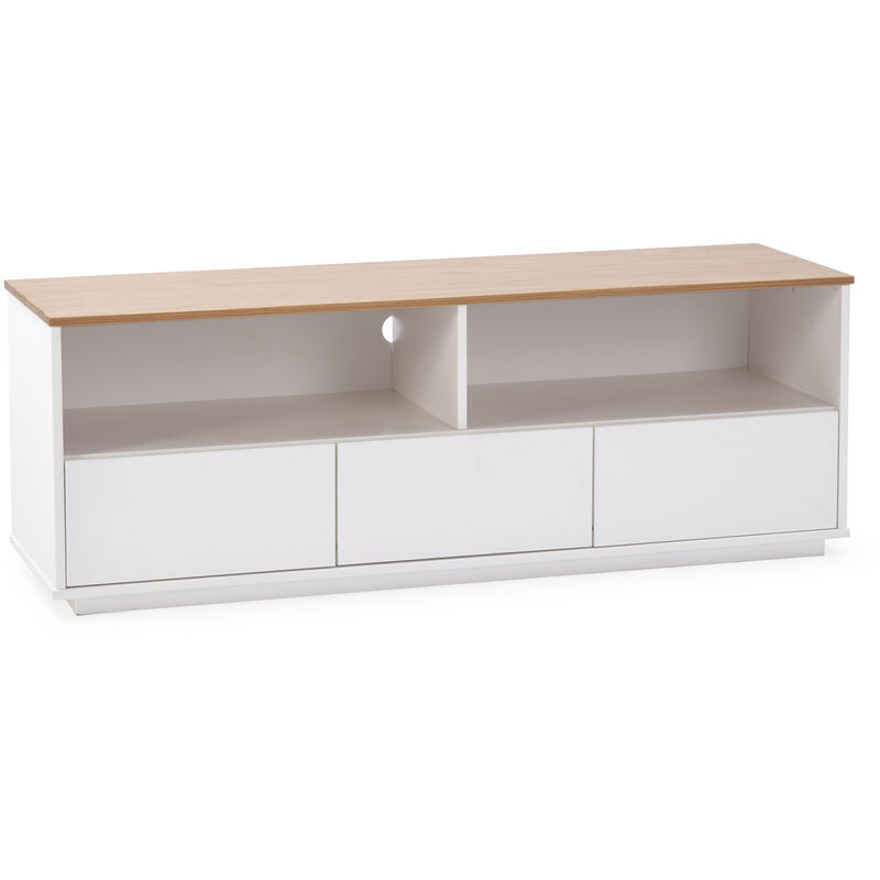 Vs Venta-stock - Meuble tv Bob 3 tiroirs 2 niches blanc/chêne, bois massif