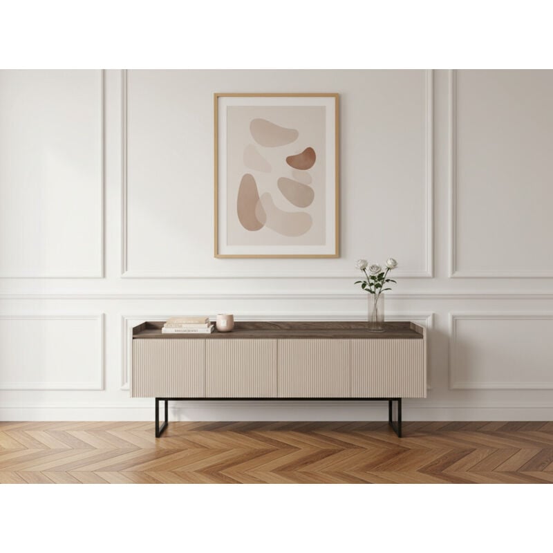 BOBOCHIC - Meuble TV 4 portes 166 cm LOUNA beige et effet bois avec tasseaux et LED