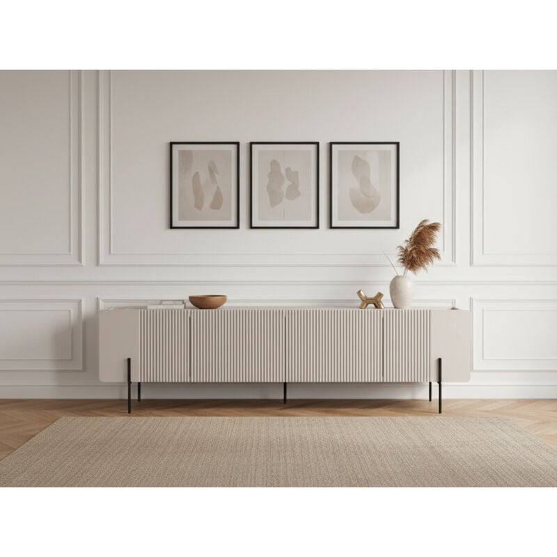Bobochic - Meuble tv 4 portes 200 cm mathilde plateau effet marbre et pieds noirs Beige