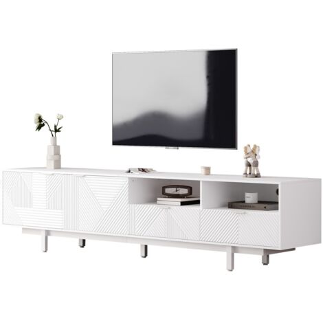 Meuble TV bohème moderne 200x40x51 cm, design géométrique blanc, portes minimalistes, rangement, compatible TV jusqu'à 90 pouces