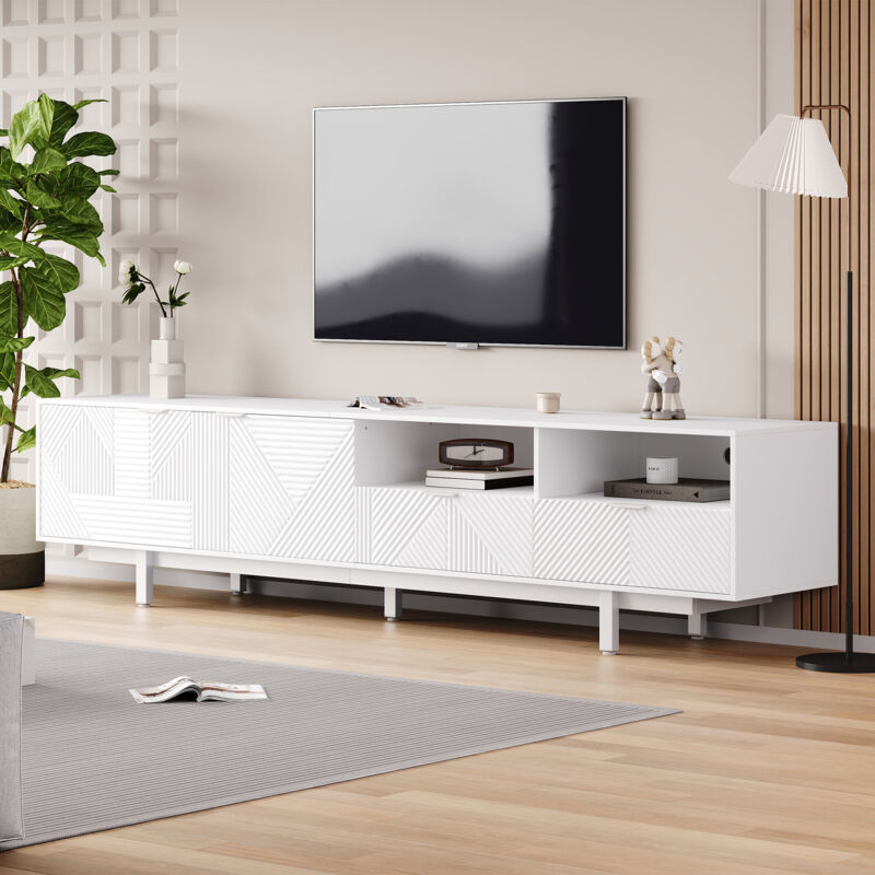 Yoleo - Meuble tv Bohème Moderne,Meuble télé avec Lignes géométriques blanches,2 Tiroirs+3 Compartiments de rangement,200x40x51cm,capacité max 90'