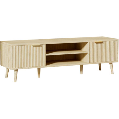 Meuble TV Bois 140cm Meuble Télé pour Télévision Jusqu'à 60 Pouces 2 Étagères Ouvertes et 2 Portes 140 X 39 X 47 cm pour Salon Chambre À Coucher Salle De Divertissement Bois