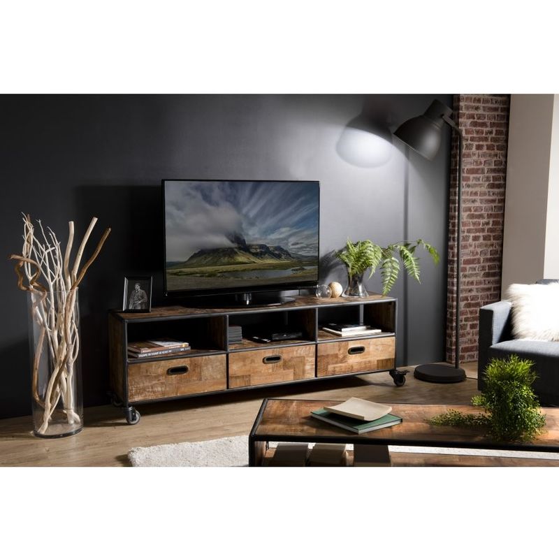 Macabane - ALIDA - Meuble TV à roulettes marron 3 tiroirs 3 niches teck recyclé et métal noir - Brun