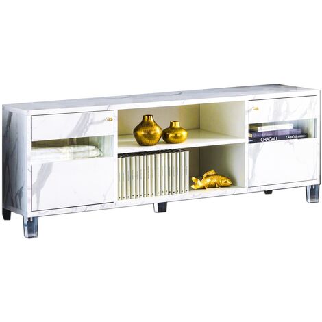 Meuble TV bois blanc effet marbre vernis Botela 120cm