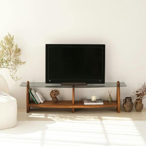 Meuble TV bois brun et verre fumé - 2 niches, vintage ANZIO