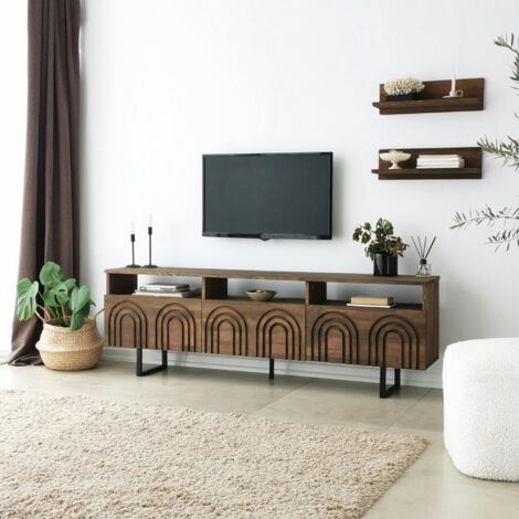 Meuble TV bois brun motif arches avec 2 étagères JACA