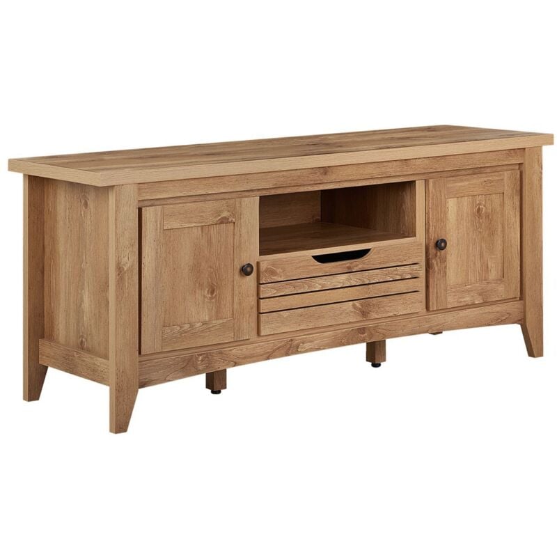 Meuble tv au Style Rétro Traditionnel en Couleur Bois Authentique composé d'un Tiroirs et de 2 Portes ainsi qu'un Espace de Rangement Ouvert Beliani