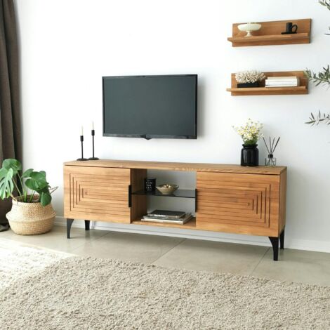 Meuble TV bois clair sculpté - 2 étagères assorties LECCE